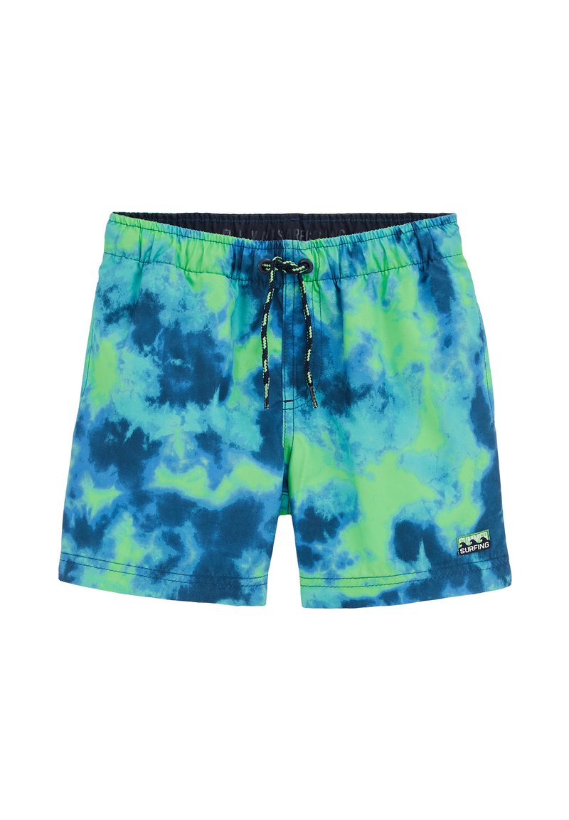 Spalvingi maudymosi šortai su mėlyna ir žalia dažymo technika, elastinga juosta ir raišteliu pritaikymui.