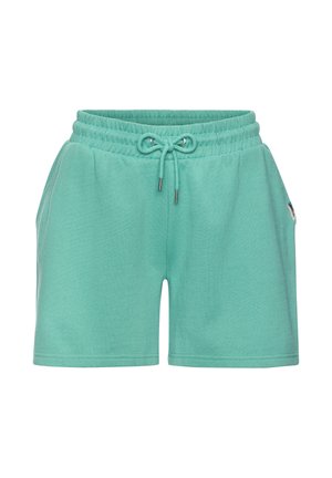 Teal cotton shorts with elastic waistband and drawstring, side pockets, and small fabric brand tag on right side.