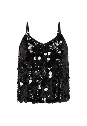 Sort top med palietter og justerbare stropper, V-udskæring, lagdelt design med cirkulære reflekterende palietter, der skaber en glitrende tekstur.