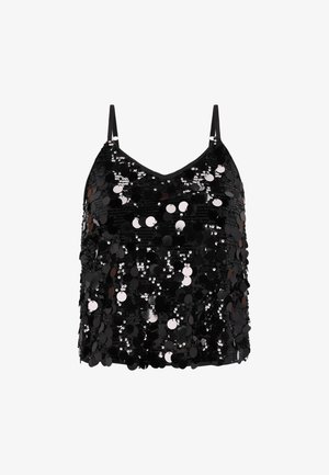 Sort top med palietter og justerbare stropper, V-udskæring, lagdelt design med cirkulære reflekterende palietter, der skaber en glitrende tekstur.