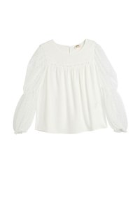 Weiße Bluse mit rundem Ausschnitt, weichem Stoff-Oberteil und durchsichtigen, strukturierten Puffärmeln. Raffungen über der Brust und Rückenzipper.