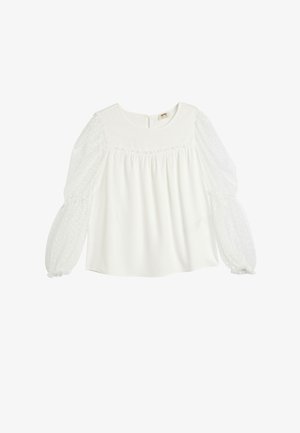 Witte blouse met een ronde halslijn, een zachte stoffen lijfje en doorschijnende, gegolfde pofmouwen. Geplooide details over de borst en een ritssluiting op de rug.