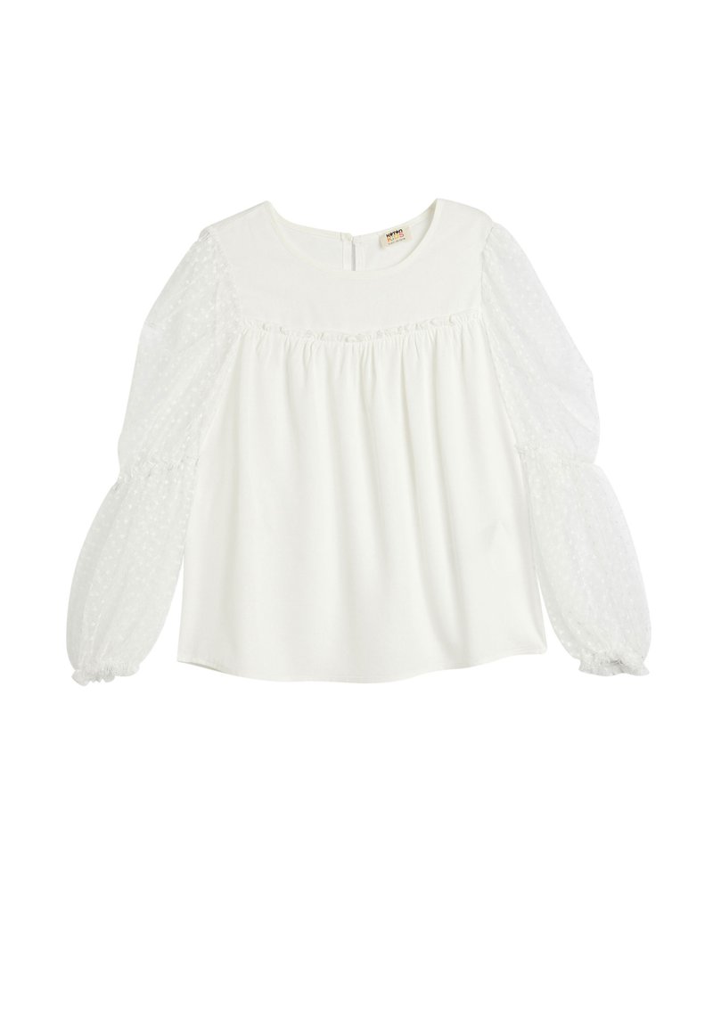 Weiße Bluse mit rundem Ausschnitt, weichem Stoff-Oberteil und durchsichtigen, strukturierten Puffärmeln. Raffungen über der Brust und Rückenzipper.