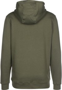 Felpa verde oliva in un materiale morbido, con cappuccio, polsini a costine e orlo dritto. Il design è semplice e privo di decorazioni.