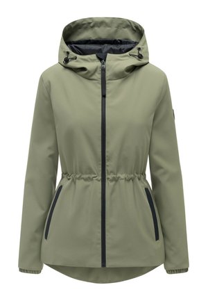 Lekka oliwkowo-zielona kurtka z kapturem, zapinana na suwak z przodu, z elastyczną talią, dwoma kieszeniami po bokach wykończonymi czarną lamówką oraz elastycznymi mankietami przy rękawach.