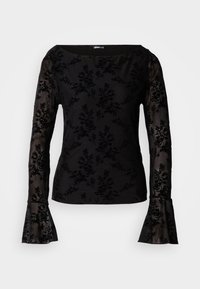 Črn dolgodlak top z rožnatim vzorcem prosojne tkanine na rokavih in prsnem delu, s širokimi zvončastimi manšetami in širokim okroglim izrezom.