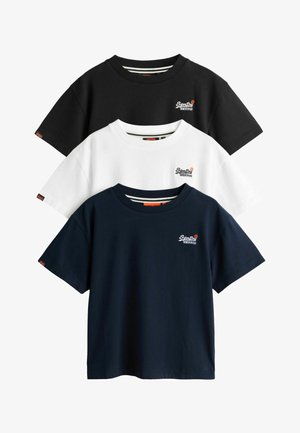 Tre t-shirts med korte ærmer i sort, hvid og marineblå. Fremstillet i bomuld, med rund halsudskæring og et lille logo på forsiden.