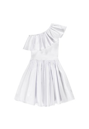 Fehér, egy vállas ruha sima anyagból. Fodros nyakkivágással, testhezálló felső résszel és fodros részletekkel ellátott, bővülő szoknyával rendelkezik.
