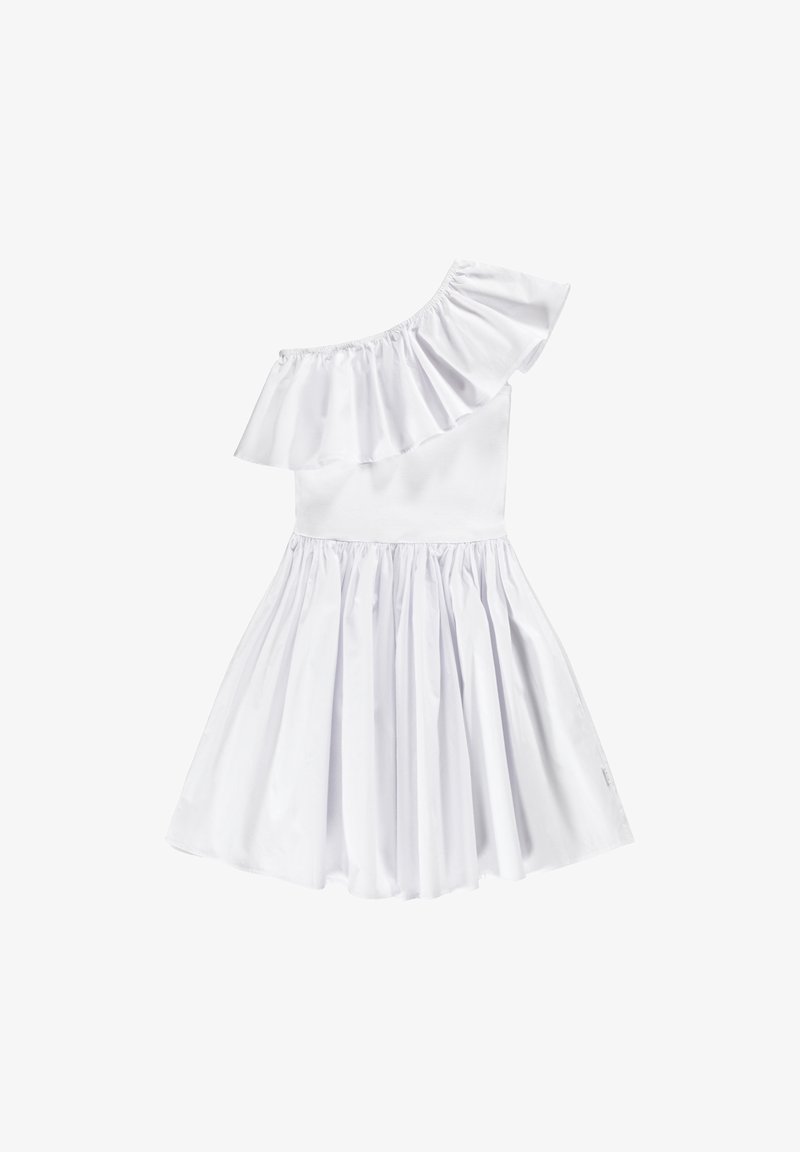 Robe blanche asymétrique en tissu lisse. Présente un col volanté, un corsage ajusté et une jupe évasée avec des détails froncés.