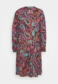Vestido de manga larga con un colorido patrón de paisley sobre un fondo negro. Confeccionado en una tela ligera, tiene un corte holgado y un escote redondo.