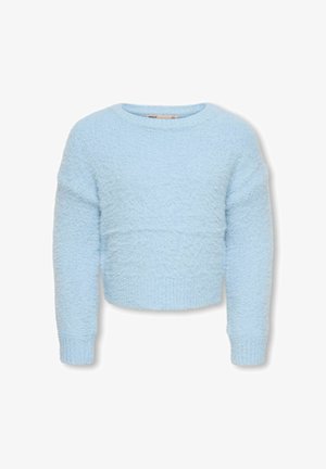 Lyseblå, blød strikket langærmet sweater med ribkanter ved ærmer og talje, rund halsudskæring og blødt, struktureret stof.
