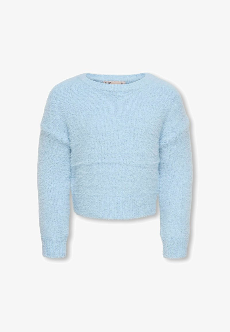 Pull en maille duveteuse bleu clair à manches longues avec poignets et ourlet côtelés, doté d'un col rond et d'un tissu doux et texturé.