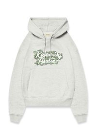 Felpa grigia con tasca frontale e cappuccio con cordino. Presenta una grafica testuale verde e bianca "Kelemitz Atelier" sul petto.