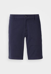 Mørkeblå shorts med flat front, knappelukking og sidelommer. Laget av lettstoff med en glatt tekstur.