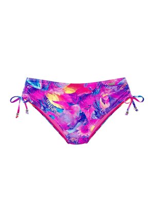 Braguitas de bikini florales en rosa brillante y púrpura con cordones laterales que presentan pequeñas cuentas metálicas sobre un fondo blanco.
