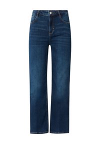 Blaue Jeans aus Denim mit geradem Schnitt, ausgestattet mit einem Reißverschluss vorn, fünf Taschen und kontrastierenden Nähten. Glatte Textur, mittlere Wäsche.