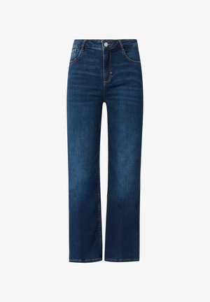 Blaue Jeans aus Denim mit geradem Schnitt, ausgestattet mit einem Reißverschluss vorn, fünf Taschen und kontrastierenden Nähten. Glatte Textur, mittlere Wäsche.