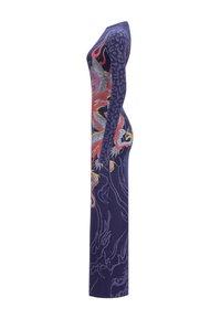 Langärmeliges Kleid mit einem Drachenmotiv in Rot und Blau auf einem lila Hintergrund, mit einem Leopardenmuster auf einem Ärmel. Slim Fit.