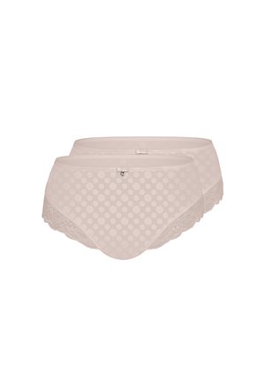 Zwei beige Damenhöschen mit Punkten und Spitzenbesatz, jeweils mit einer kleinen Schleife und einem Herzanhänger am Bund.