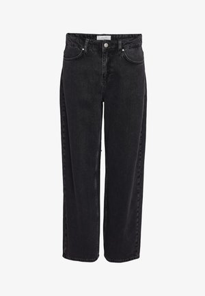 Sort denim bukser med vide ben og høj talje, fem-lomme design og lynlåsgylp. Glat tekstur med minimale synlige syningsdetaljer.
