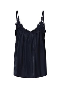 Caraco en satin noir avec fines bretelles réglables et bordure en dentelle le long du décolleté et des bords supérieurs.