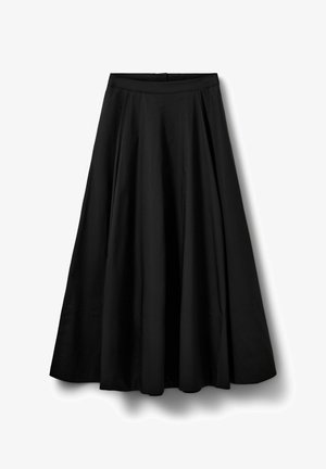 Black A-line midi skirt with waistband and subtle pleats, made of smooth fabric, displayed flat on a white background.