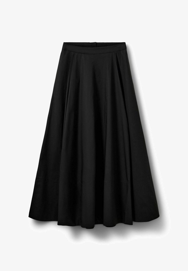 Jupe midi noire taille A avec ceinture et plis subtils, en tissu lisse, présentée à plat sur un fond blanc.