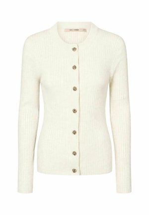 Krémový rebrovaný pletený kardigán s dlhými rukávmi a šiestimi dekoratívnymi zlatými gombíkmi vpredu.