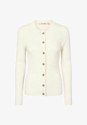 Cremefarvet ribstrikket cardigan med lange ærmer og seks dekorative guldknapper foran.