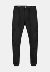 Black cargo jogger pants with elastic cuffs, drawstring waist, side flap pockets, and front button closure.