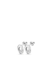 Boucles d'oreilles en argent présentant un design ovale avec une petite pierre précieuse ronde incrustée, texture lisse, forme simple et finition polie.