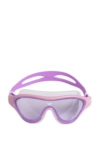 Zwemgoggles met een roze en paarse siliconen rand, heldere lenzen en een flexibele band. Beschikt over een breed lensontwerp voor verbeterde zichtbaarheid.