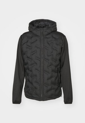 Black jacket featuring a padded front, smooth sleeves, a hood, and a full zipper. Material is a mix of fabric textures with a matte finish.