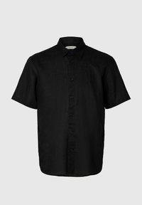 Chemise noire à manches courtes avec boutons, col pointu, design uni et ourlet droit sur fond gris clair.