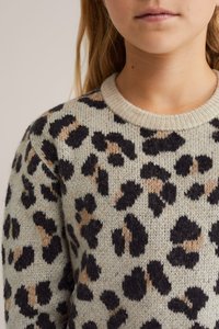 Pleteni pulover s okroglim izrezom, v svetlo zeleni osnovi, s črnim in bež leopardjim vzorcem, izdelan iz mehke, teksturirane tkanine.