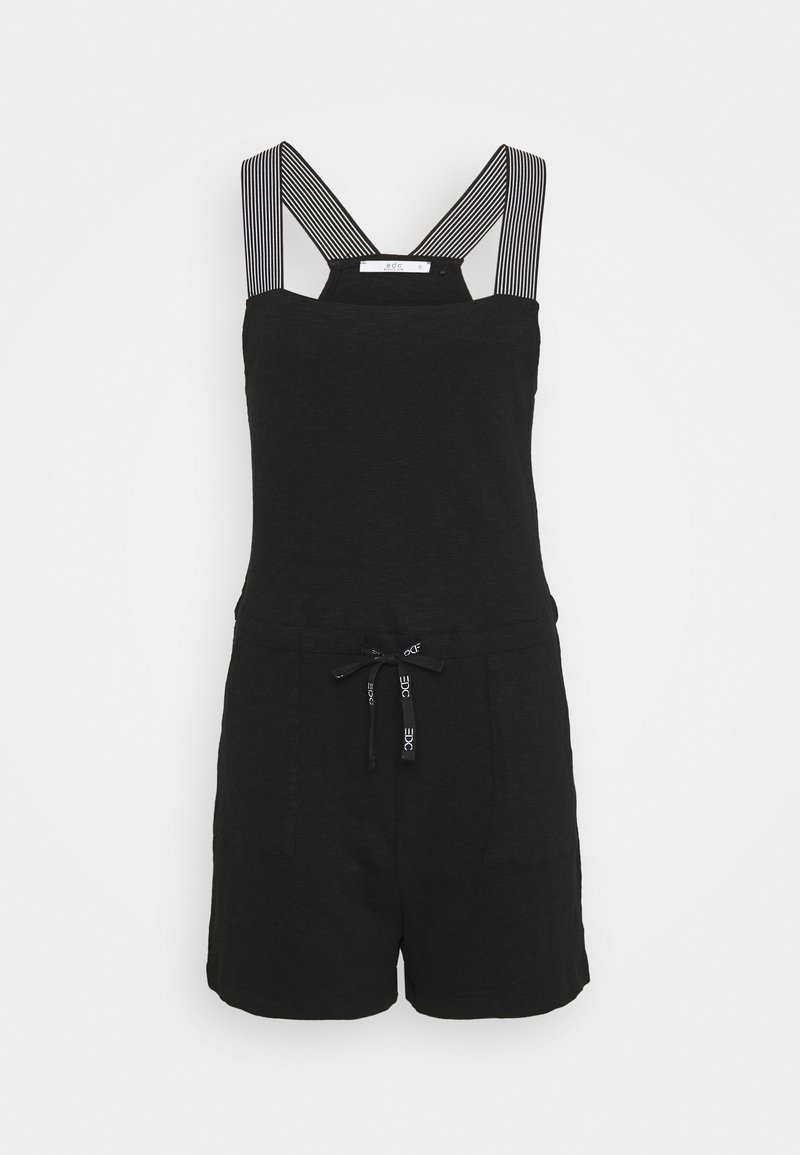 Rompers noirs avec des bretelles rayées verticalement, un corsage ajusté et une taille à cordon. Le tissu semble doux avec une texture lisse.