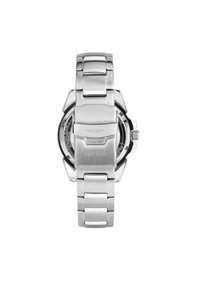 Zilveren roestvrijstalen horloge met een massieve achterkant, een gelaagde schakelarmband, textuurafwerking en een ronde wijzerplaat die zichtbaar is door de transparante kast.