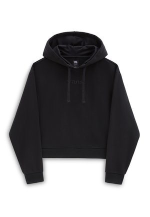 Sweat à capuche court noir à manches longues avec capuche et cordons, avec un logo en relief subtil sur la poitrine.