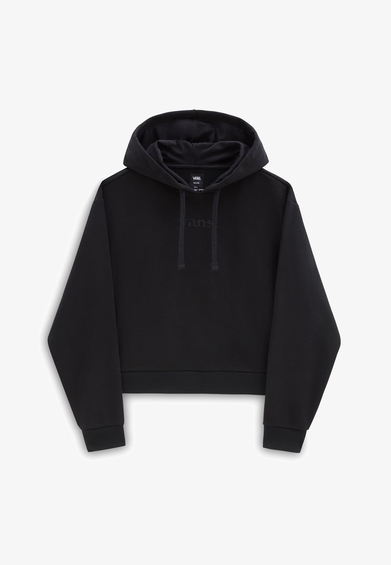 Sweat à capuche court noir à manches longues avec capuche et cordons, avec un logo en relief subtil sur la poitrine.