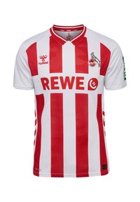 Hvid og rød fodboldtrøje med lodrette striber, V-hals, mesh tekstur, med logoer og "REWE" fremhævet.