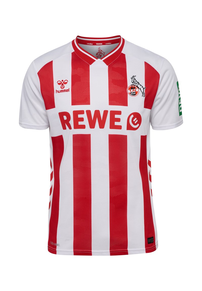 Hvid og rød fodboldtrøje med lodrette striber, V-hals, mesh tekstur, med logoer og "REWE" fremhævet.