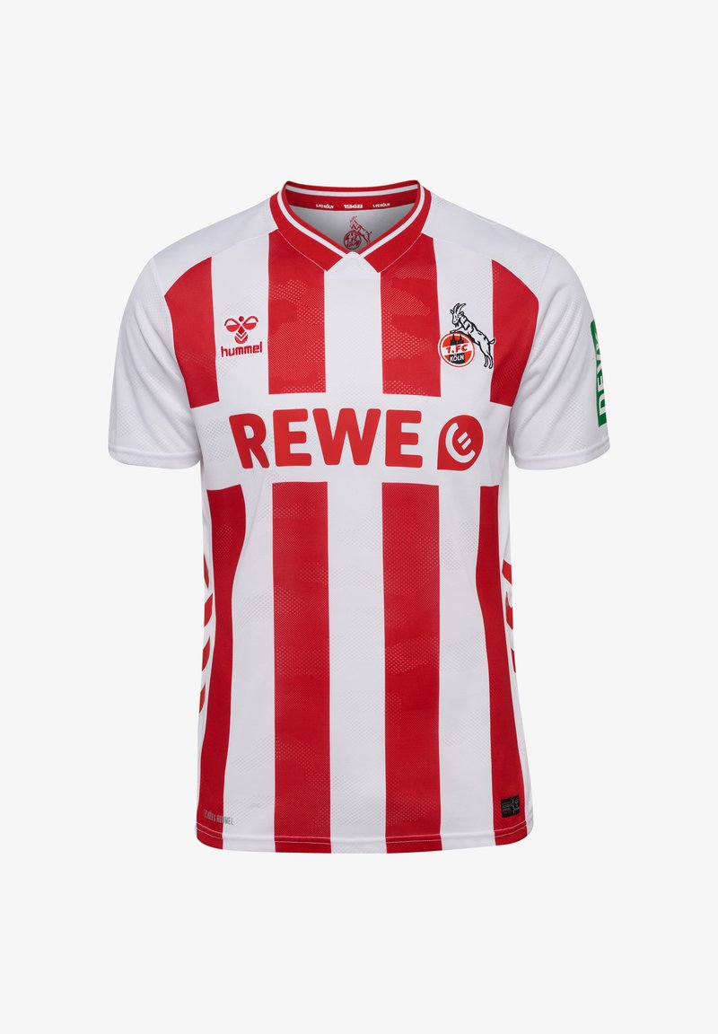 Maillot de football blanc et rouge avec des rayures verticales, col en V, texture en mesh, arborant des logos avec "REWE" affiché en évidence.