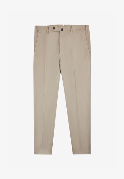 Chinos beige hechos de una mezcla ligera de algodón, con un corte recto, dos bolsillos laterales, un único cierre de botón y dobladillo plegado.