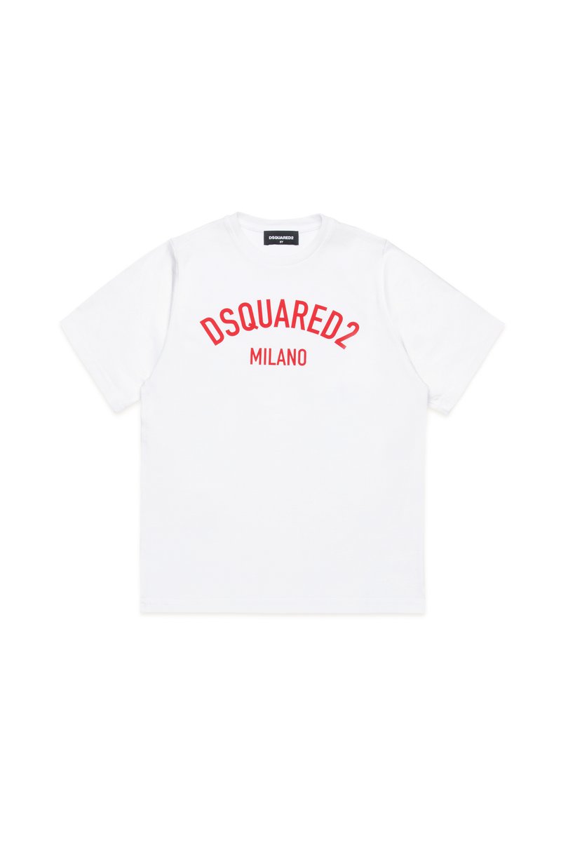 T-shirt bianca in cotone con collo a giro, maniche corte e stampa rossa con la scritta "DSQUARED2 MILANO" sul davanti.