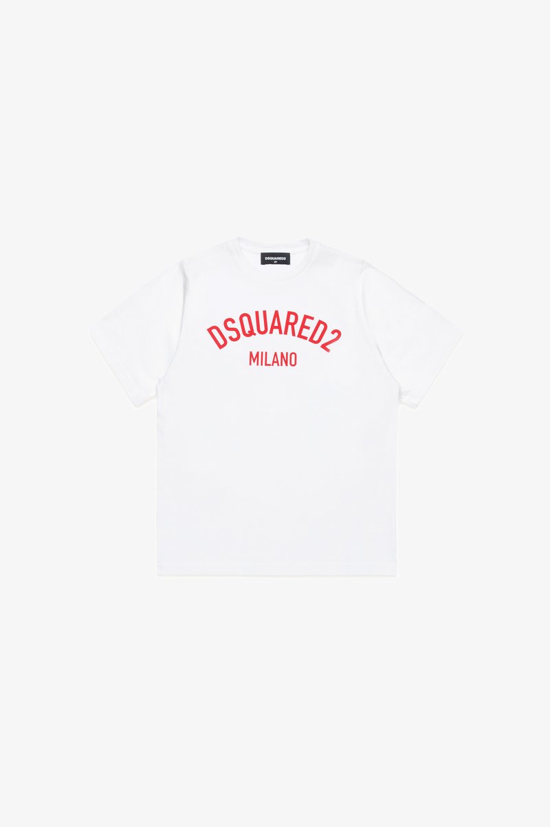 T-shirt bianca in cotone con collo a giro, maniche corte e stampa rossa con la scritta "DSQUARED2 MILANO" sul davanti.