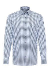 Camicia a maniche lunghe a quadri blu e bianchi con colletto button-down, dotata di taschino frontale e bottoni a contrasto. Materiale in cotone.