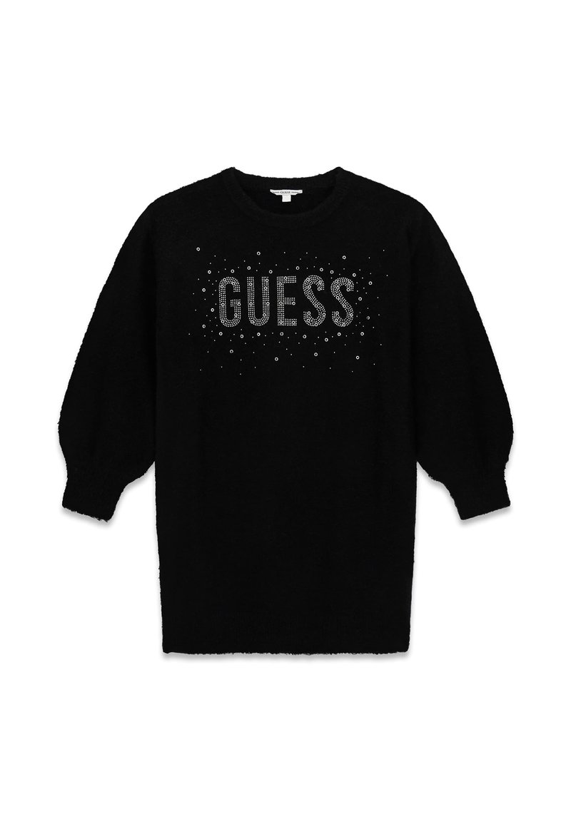 Pull noir en tissu doux avec col rond, manches longues bouffantes, et un logo "GUESS" scintillant orné de strass.