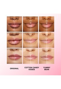 Vier Reihen von Lippen, die verschiedene Lippen Gloss Farbtöne präsentieren: Original, Cotton Candy Kisses und Yummy Bear, mit unterschiedlichen Farben und Finishes.