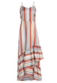 Maxi sukienka z cienkimi ramiączkami, z pionowymi wielokolorowymi paskami w kolorze czerwonym, pomarańczowym, niebieskim i żółtym, z falbaniastym asymetrycznym dołem.
