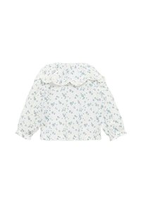 Blusa bianca floreale con scollatura arricciata, maniche lunghe a sbuffo e un motivo di piccoli fiori blu. Tessuto morbido e leggero.
